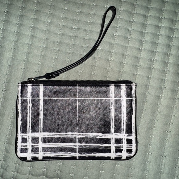 RALPH LAUREN Black & White Plaid SWANFIELD Leather Strap Med Wristlet - Picture 4 of 10